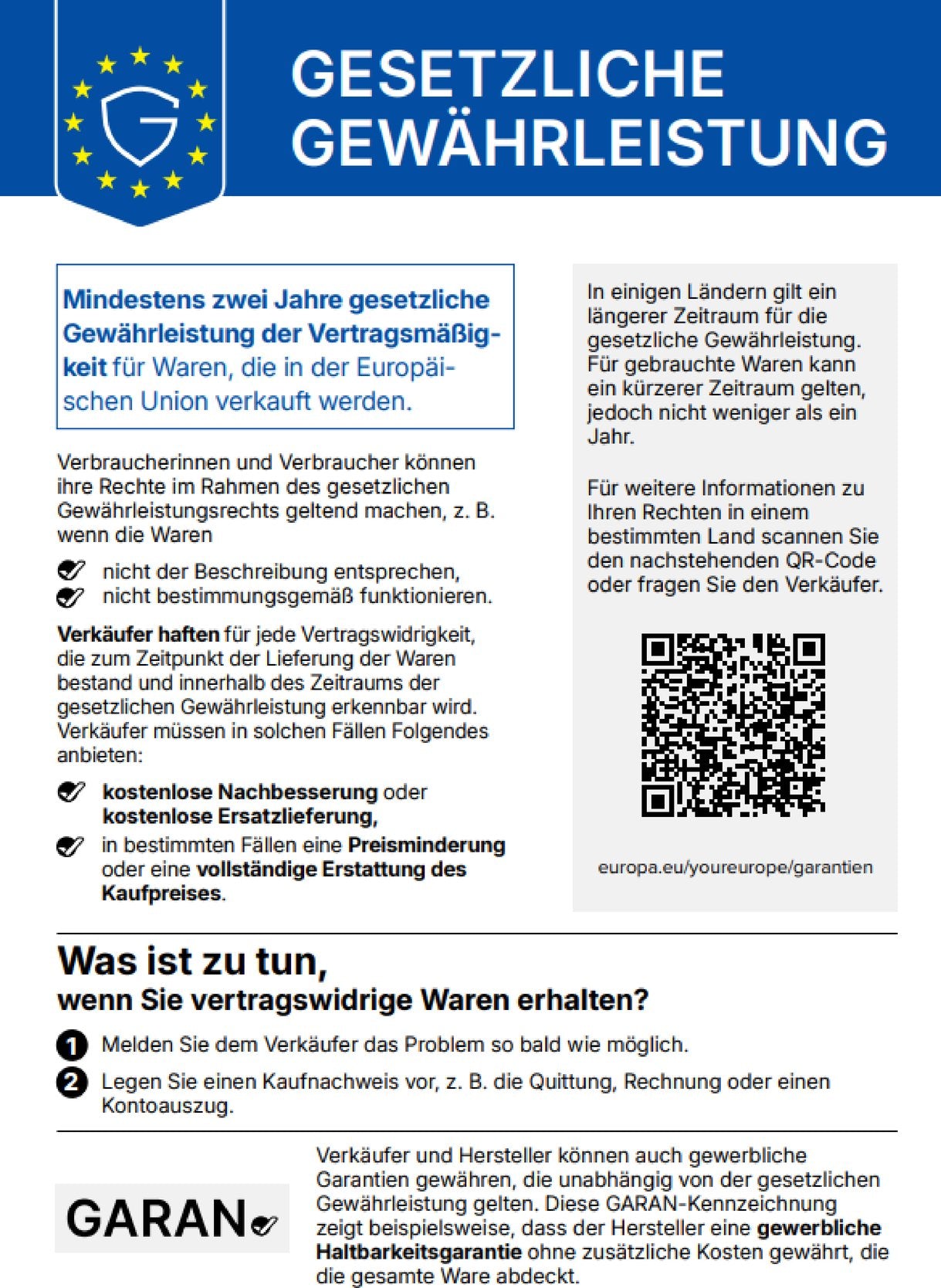Harmonisierte EU-Mitteilung: Gesetzliche Gewährleistung – mindestens zwei Jahre gesetzliche Gewährleistung der Vertragsmäßigkeit für Waren, die in der Europäischen Union verkauft werden